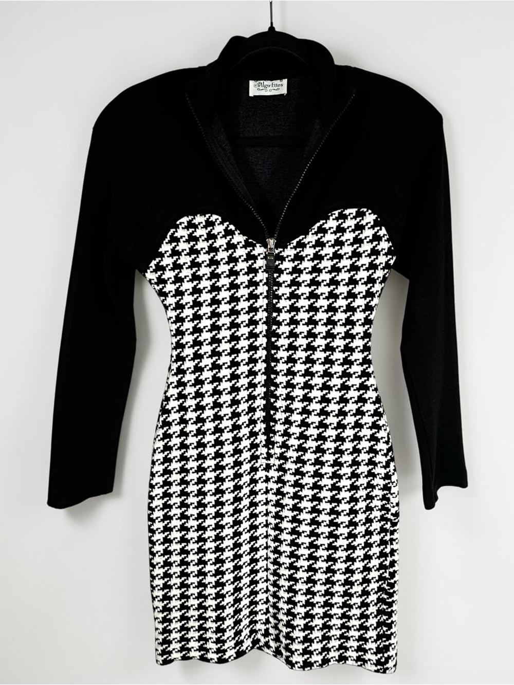 Vintage 70s Algo-Ettes Stretchy Knit Houndstooth Bodycon Mini Dress XS